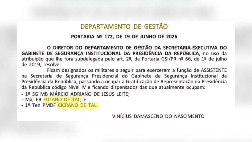 GSI nomeia militares com nomes “Fulano” e “Cicrano” em portaria