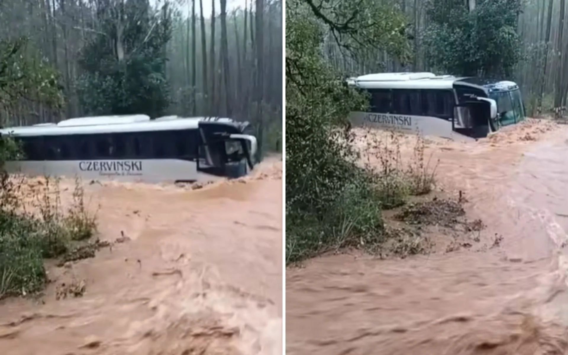 VÍDEO: Ônibus é arrastado por correnteza durante tempestade no norte do RS abc+