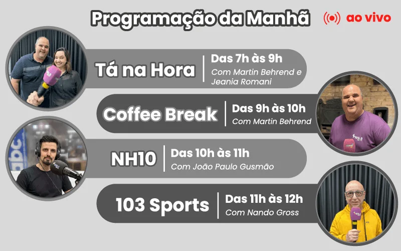 AO VIVO: Assista aos programas Tá na Hora, Coffee Break, NH10 e 103 Sports desta segunda-feira, 3 de agosto abc+