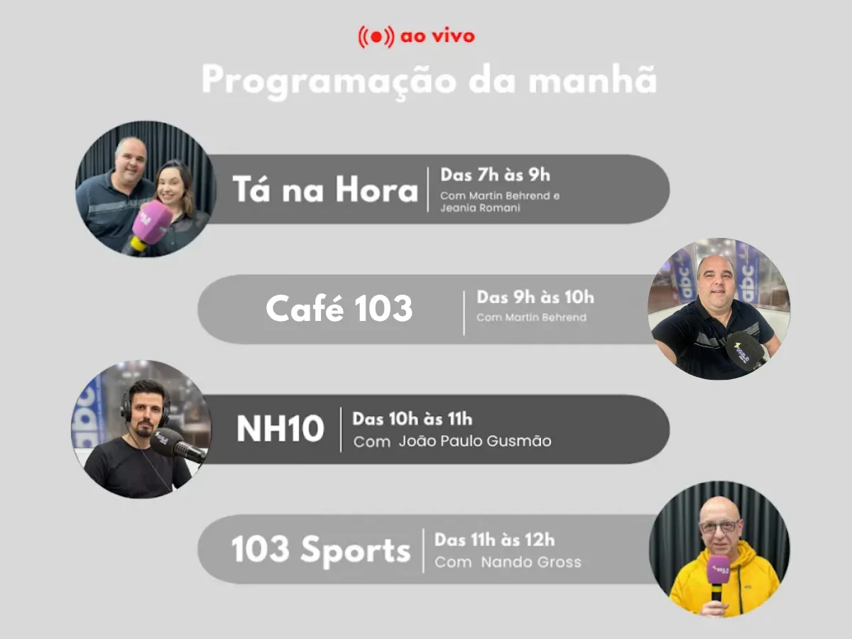 AO VIVO: Assista aos programas Tá na Hora, Café 103 e 103 Sports desta segunda-feira, dia 17 de agosto abc+