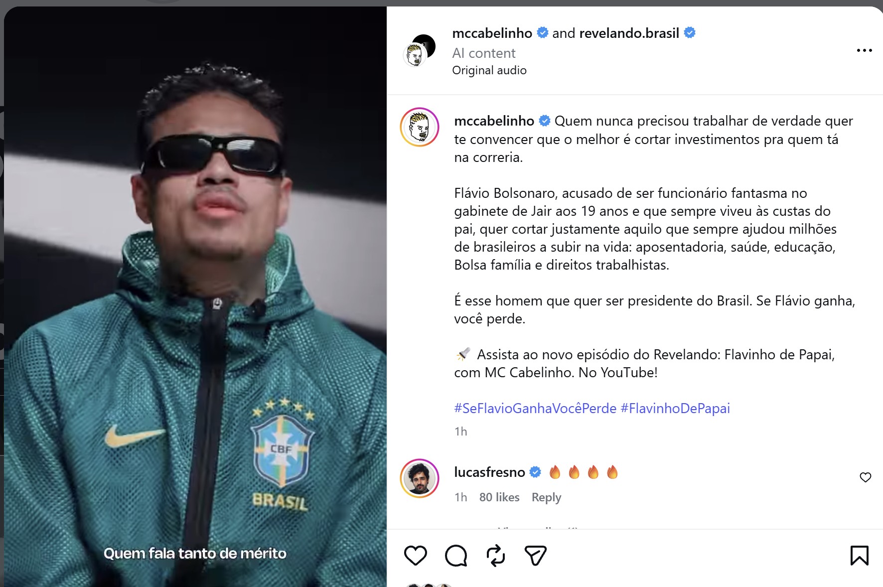 Meta derruba vídeo de MC! Cabelinho sobre Flávio Bolsonaro às vésperas do 2º turno G1